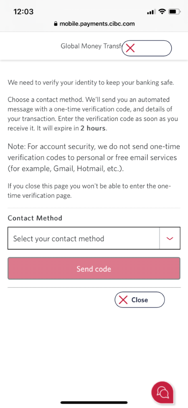 Demo screen 15: CIBC Mobile Banking App. A pulsing animation highlights the "Contact method" dropdown menu.