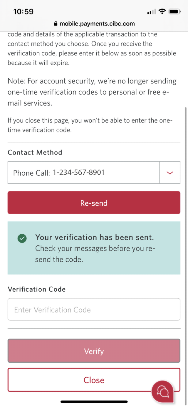 Demo screen 16: CIBC Mobile Banking App. A pulsing animation highlights the "Verification Code" field.