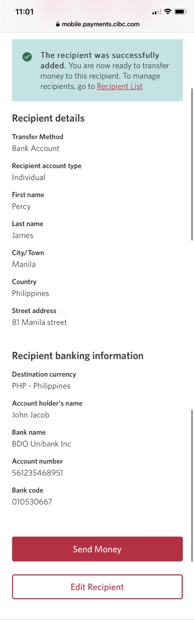 Demo screen 17: CIBC Mobile Banking App. A pulsing animation highlights the "Send Money" button.