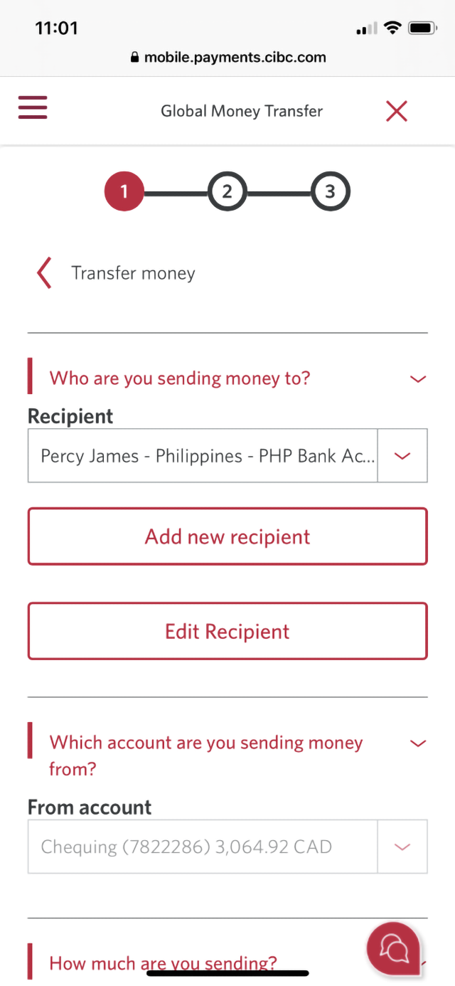 Demo screen 18: CIBC Mobile Banking App global money transfer step 1. A pulsing animation highlights the "From account" dropdown menu.