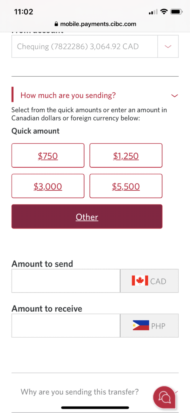 Demo screen 19: CIBC Mobile Banking App global money transfer step 1. A pulsing animation highlights the "Other" button.