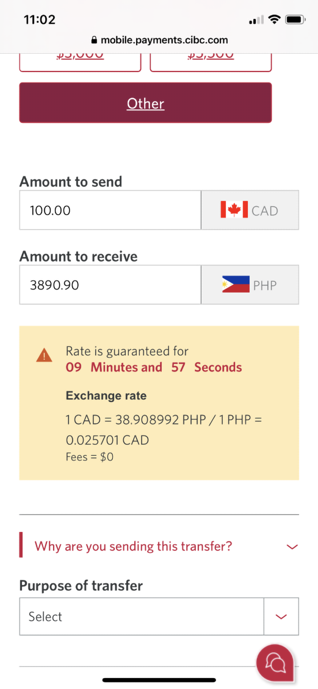 Demo screen 20: CIBC Mobile Banking App global money transfer step 1. A pulsing animation highlights the exchange rate.