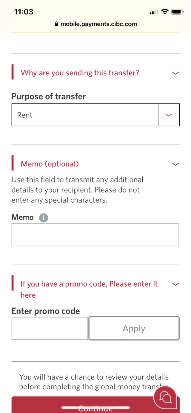 Demo screen 21: CIBC Mobile Banking App global money transfer step 1. A pulsing animation highlights the "Purpose of transfer" dropdown menu.