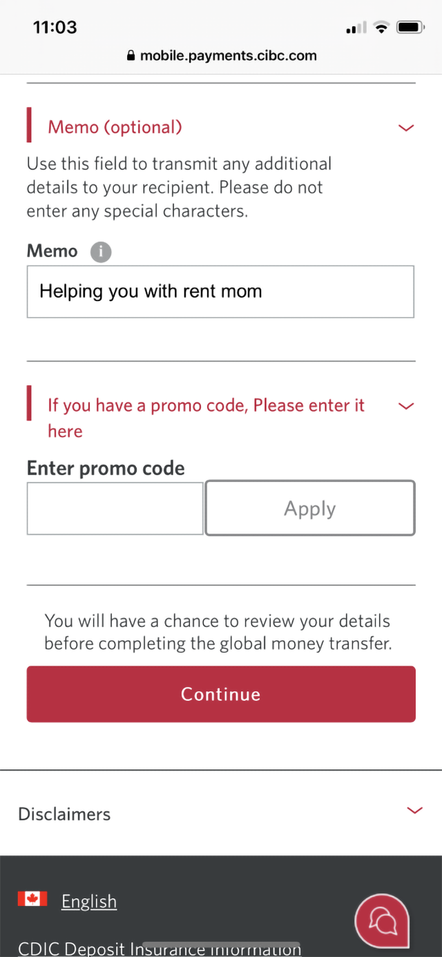 Demo screen 22: CIBC Mobile Banking App global money transfer step 1. A pulsing animation highlights the "Continue" button.