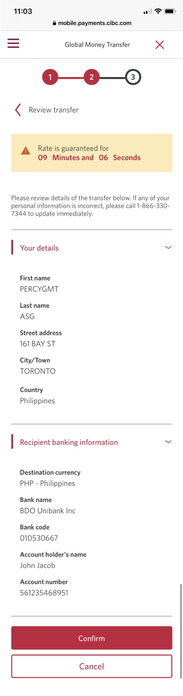 Demo screen 23: CIBC Mobile Banking App global money transfer step 1. A pulsing animation highlights the "Confirm" button.