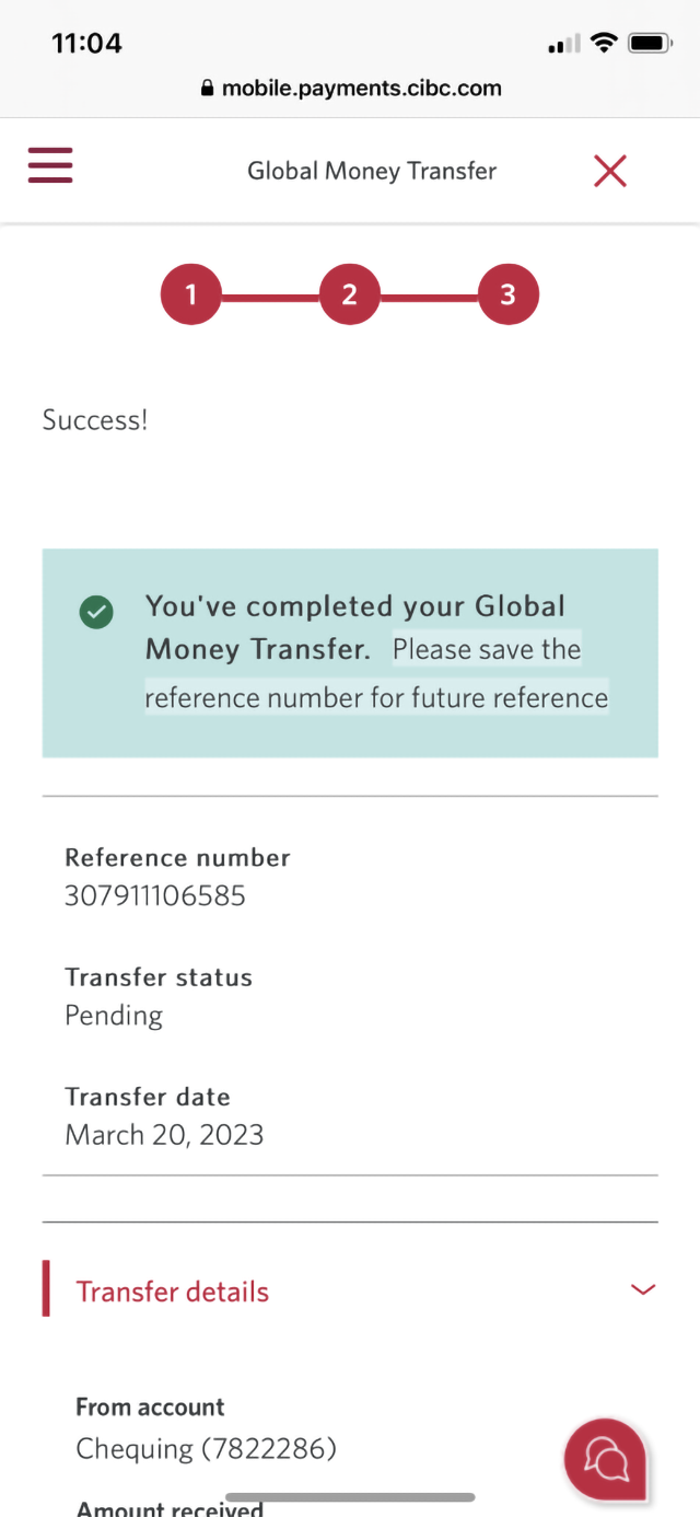 Demo screen 24: CIBC Mobile Banking App global money transfer step 3, confirmation page. No pulsing animation.