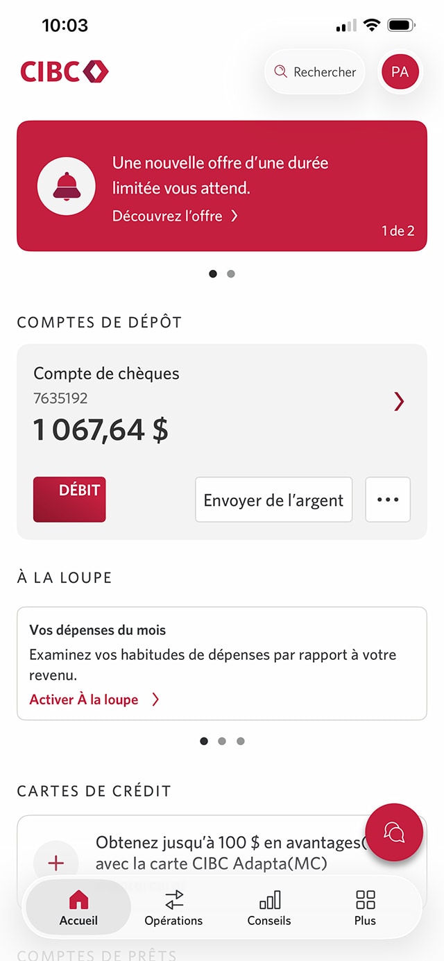 Écran 2 de la démonstration : Page d’accueil de l’application Services bancaires mobiles CIBC. Une animation dynamique met en évidence le lien Opérations.