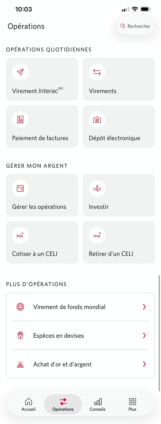 Écran 3 de la démonstration : Application Services bancaires mobiles CIBC. Une animation dynamique met en évidence le lien Virement de fonds mondial.