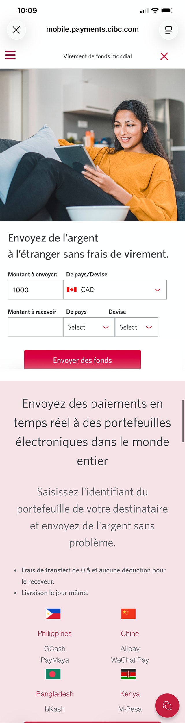 Écran 4 de la démonstration : Application Services bancaires mobiles CIBC. Une animation dynamique met en évidence le bouton Envoyer de l’argent.