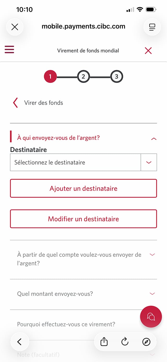Écran 5 de la démonstration : Application Services bancaires mobiles CIBC. Une animation dynamique met en évidence le bouton Ajouter un nouveau destinataire.