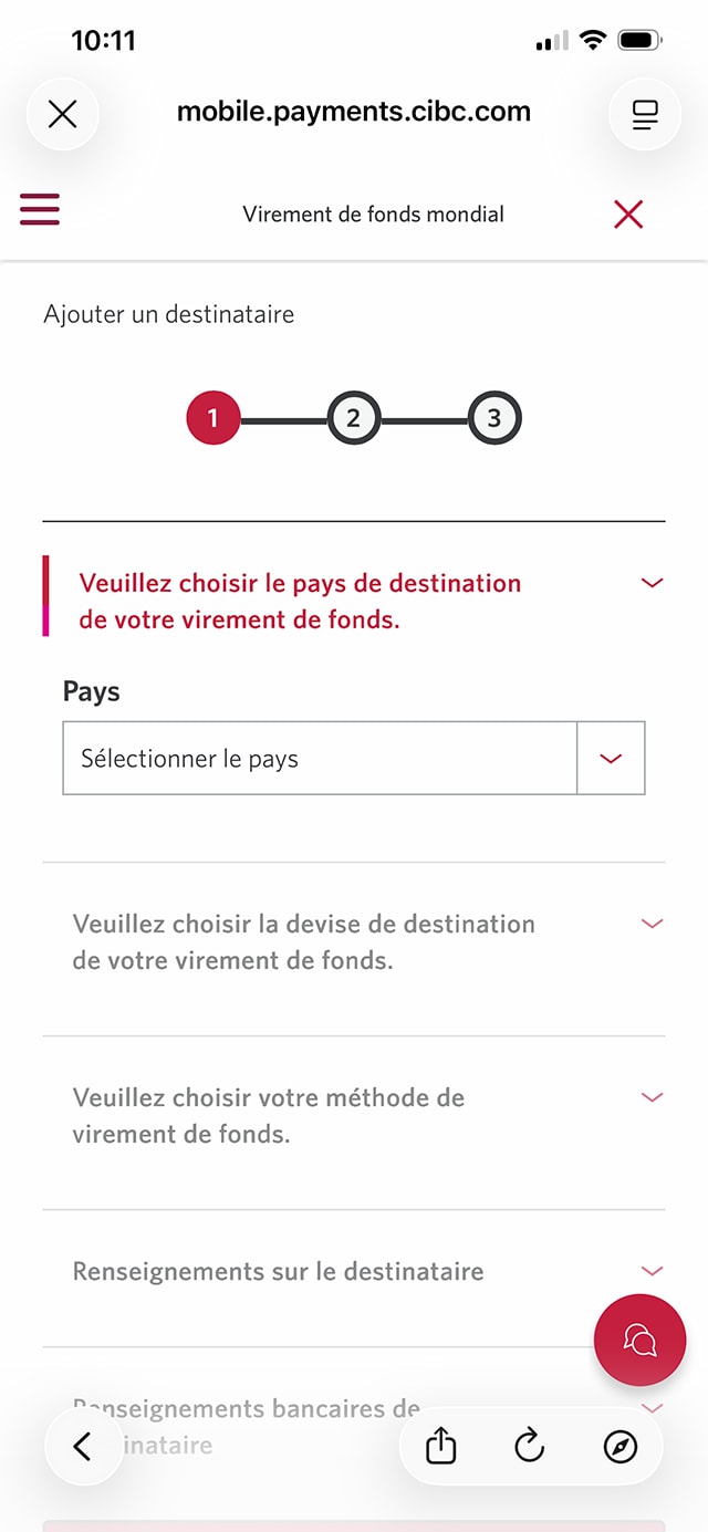 Écran 6 de la démonstration : Application Services bancaires mobiles CIBC. Une animation dynamique met en évidence le menu déroulant Sélectionner un pays.