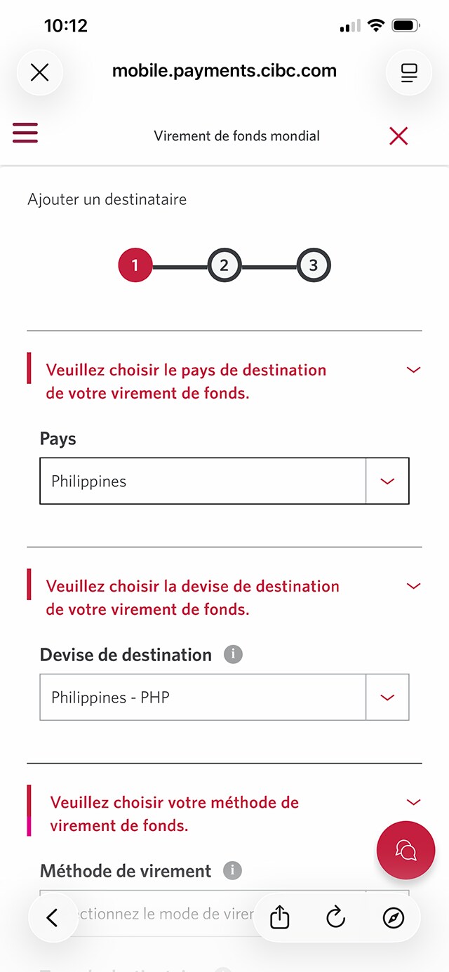 Écran 7 de la démonstration : Application Services bancaires mobiles CIBC. Une animation dynamique met en évidence le menu déroulant Devise de destination.