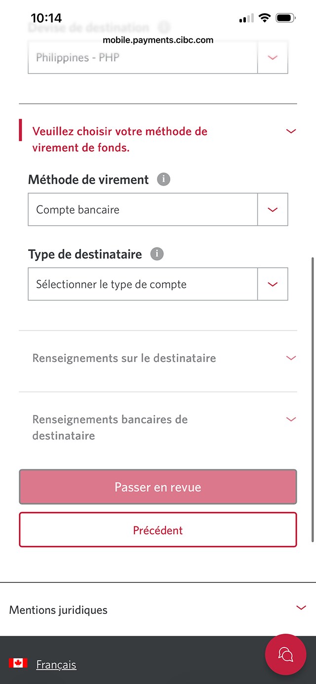 Écran 8 de la démonstration : Application Services bancaires mobiles CIBC. Une animation dynamique met en évidence le menu déroulant Méthode de virement.