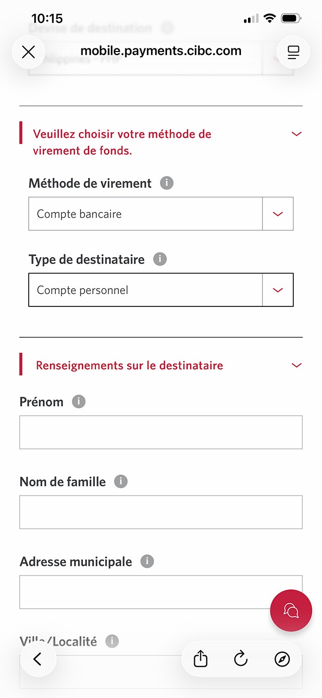 Écran 9 de la démonstration : Application Services bancaires mobiles CIBC. Une animation dynamique met en évidence Renseignements sur le destinataire.