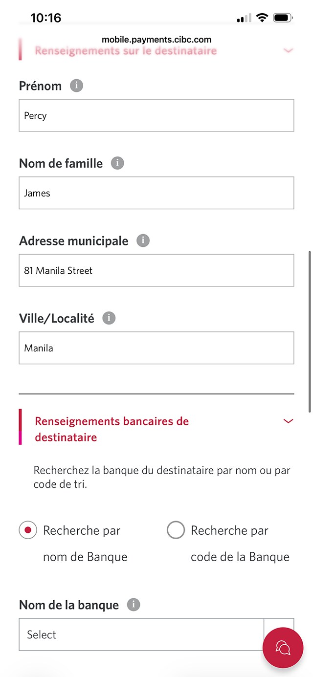 Écran 10 de la démonstration : Application Services bancaires mobiles CIBC. Une animation dynamique met en évidence Rechercher par code de banque.