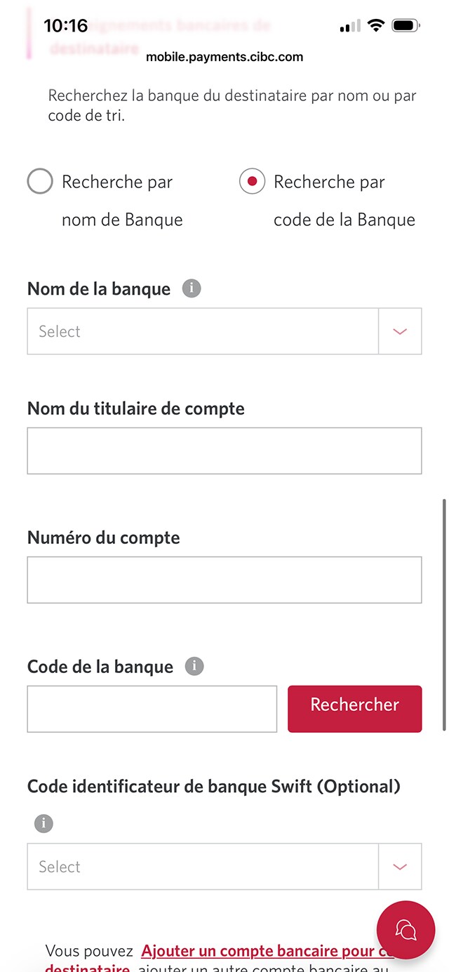 Écran 11 de la démonstration : Application Services bancaires mobiles CIBC. Une animation dynamique met en évidence le bouton Rechercher.