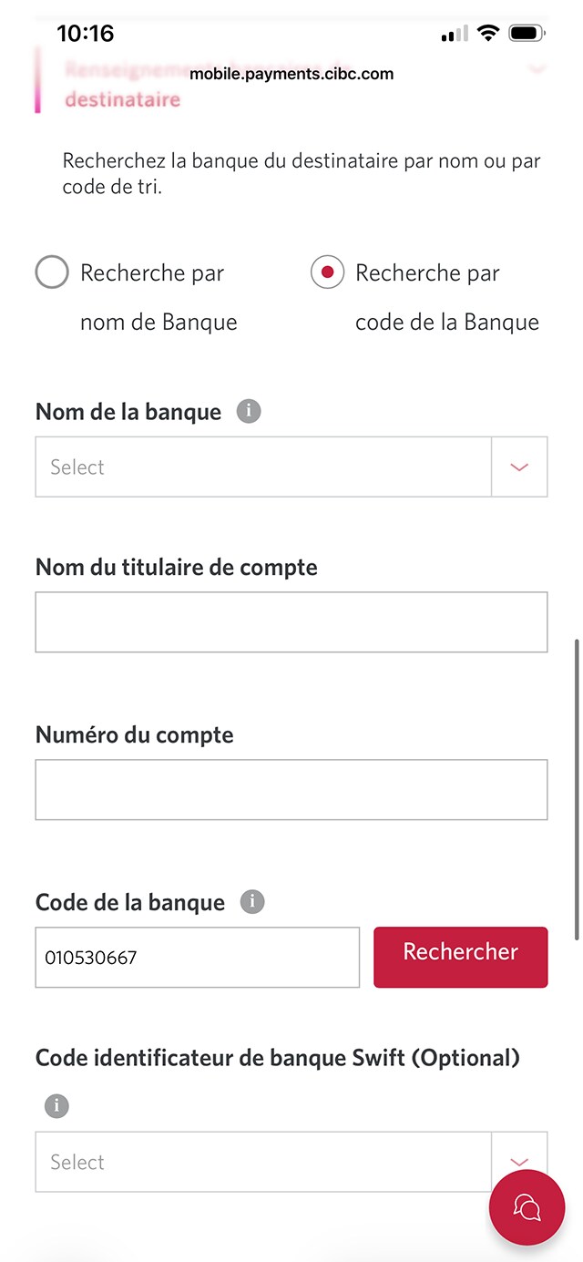 Écran 12 de la démonstration : Application Services bancaires mobiles CIBC. Une animation dynamique met en évidence le champ Code de banque.