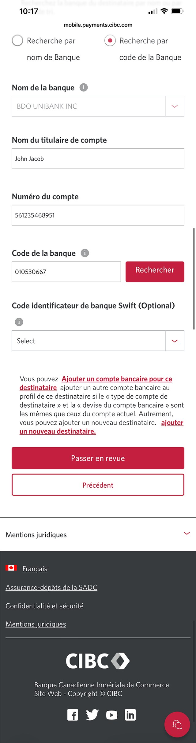 Écran 13 de la démonstration : Application Services bancaires mobiles CIBC. Une animation dynamique met en évidence le bouton Vérifier.