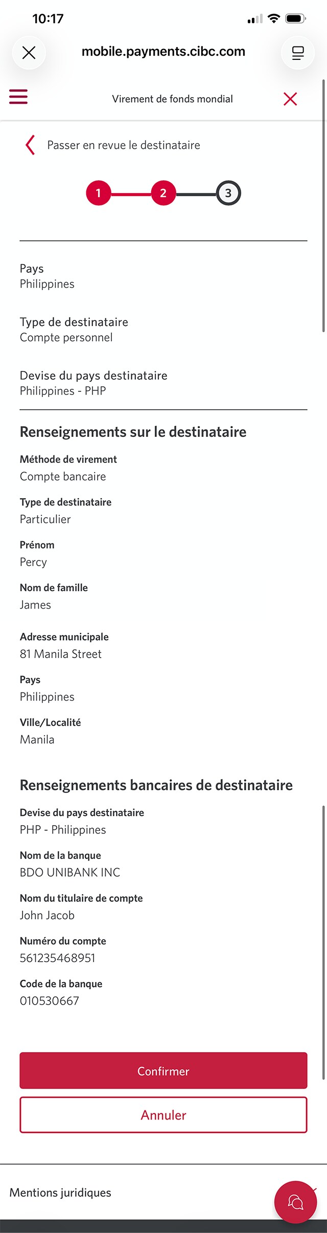 Écran 14 de la démonstration : Application Services bancaires mobiles CIBC. Une animation dynamique met en évidence le bouton Confirmer.