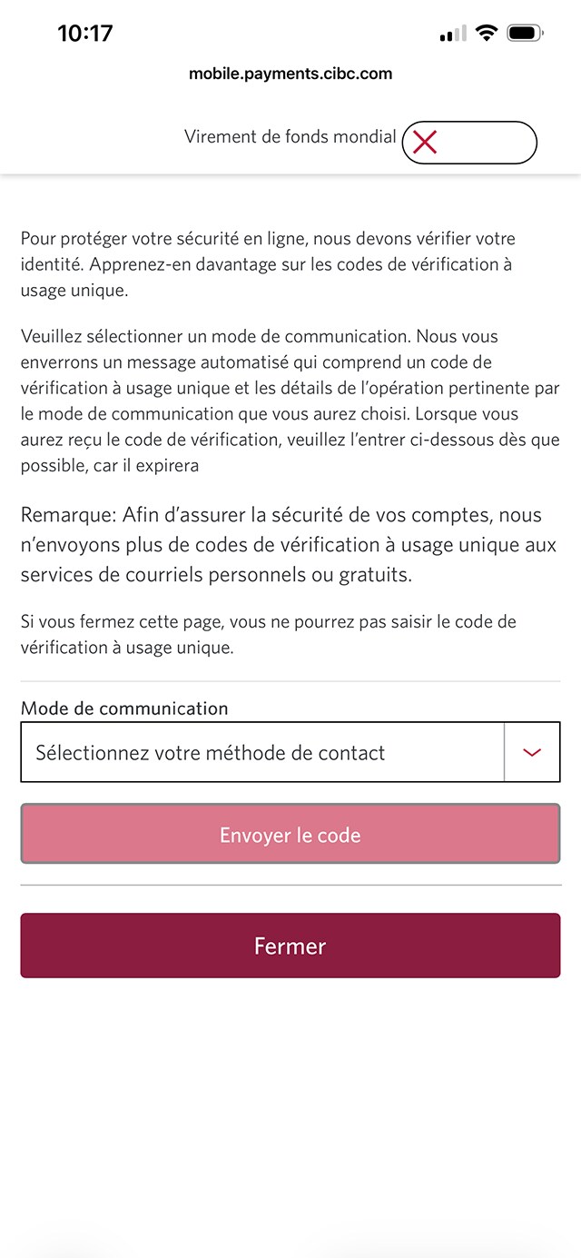 Écran 15 de la démonstration : Application Services bancaires mobiles CIBC. Une animation dynamique met en évidence le menu déroulant Mode de communication.