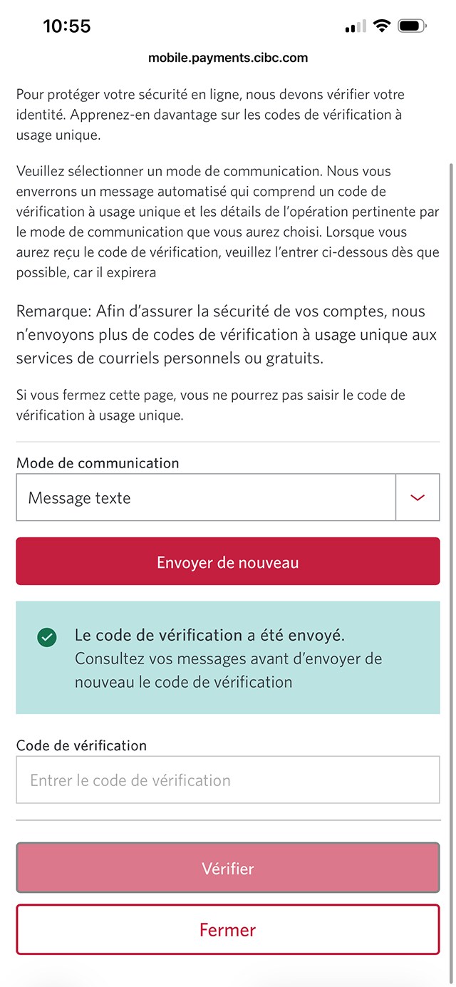 Écran 16 de la démonstration : Application Services bancaires mobiles CIBC. Une animation dynamique met en évidence le champ Code de vérification.