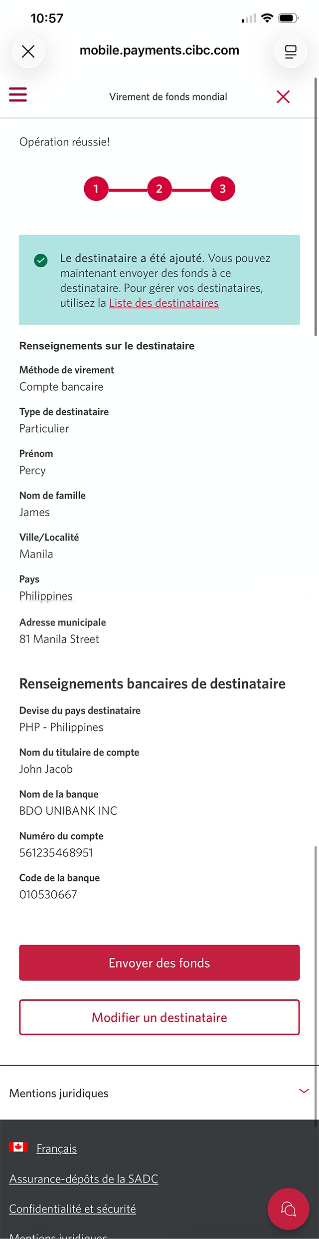 Écran 17 de la démonstration : Application Services bancaires mobiles CIBC. Une animation dynamique met en évidence le bouton Envoyer de l’argent.