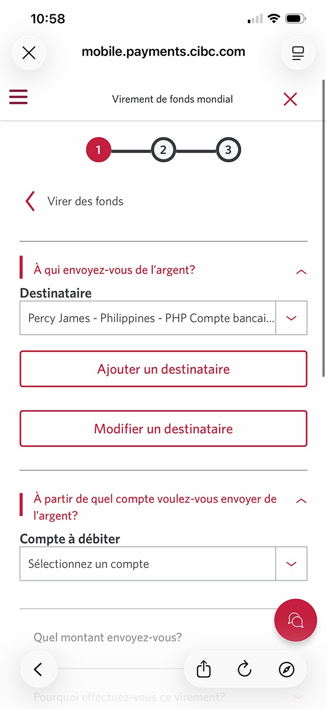 Écran 18 de la démonstration : Application Services bancaires mobiles CIBC, Virement de fonds mondial, étape 1. Une animation dynamique met en évidence le menu déroulant Du compte.