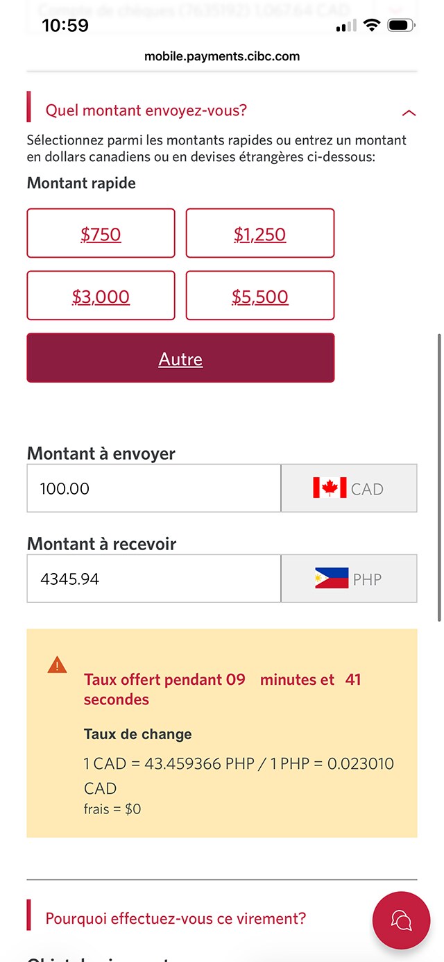Écran 20 de la démonstration : Application Services bancaires mobiles CIBC, Virement de fonds mondial, étape 1. Une animation dynamique met en évidence le taux de change.
