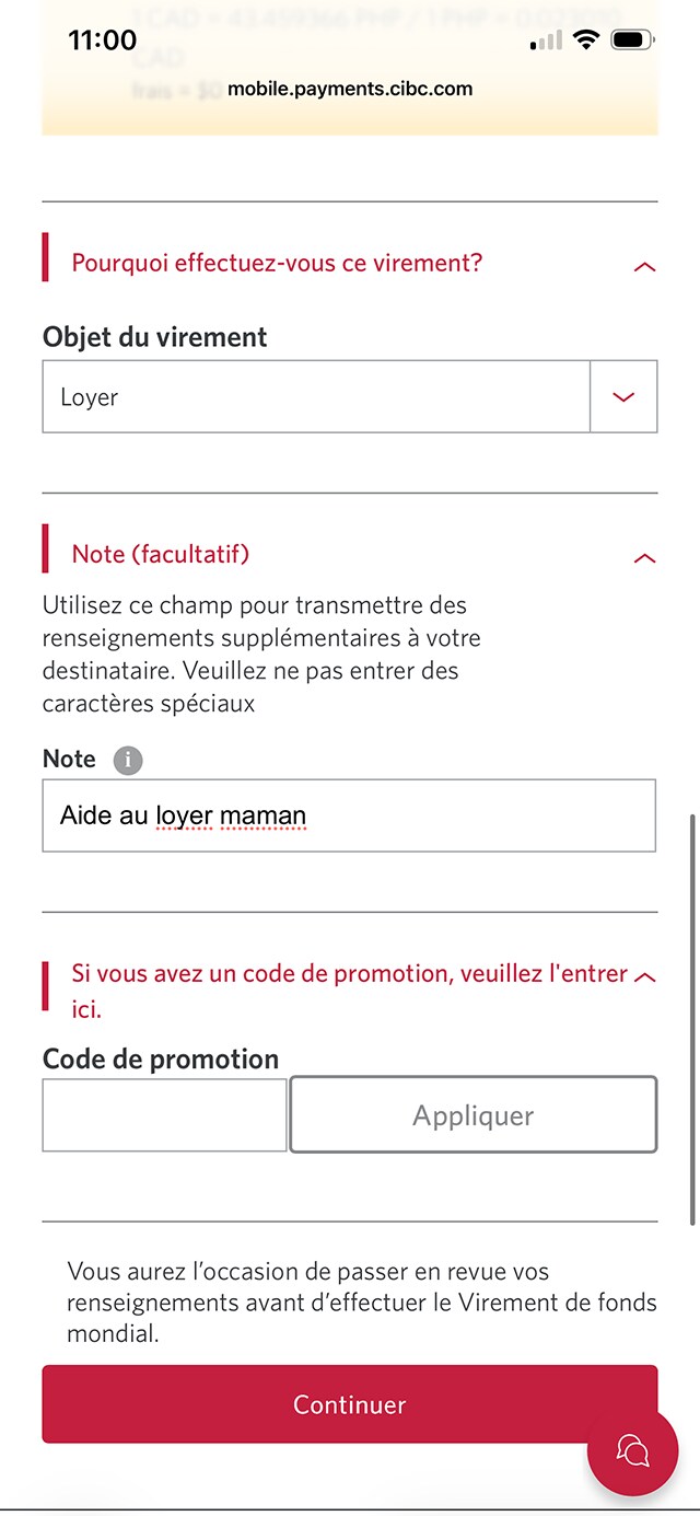 Écran 22 de la démonstration : Application Services bancaires mobiles CIBC, Virement de fonds mondial, étape 1. Une animation dynamique met en évidence le bouton Continuer.