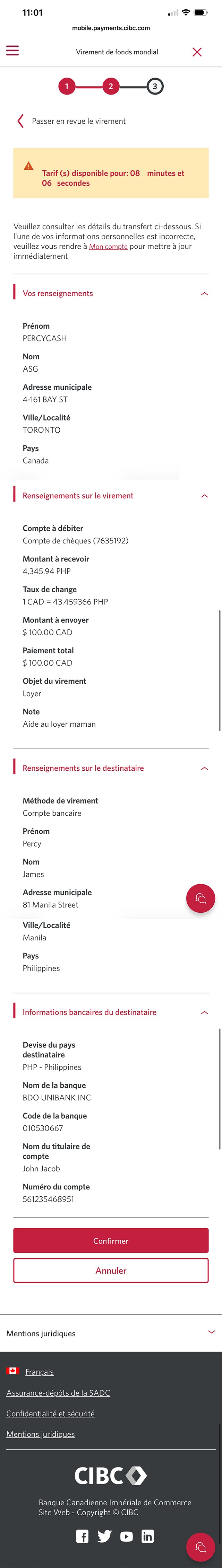 Écran 23 de la démonstration : Application Services bancaires mobiles CIBC, Virement de fonds mondial, étape 1. Une animation dynamique met en évidence le bouton Confirmer.