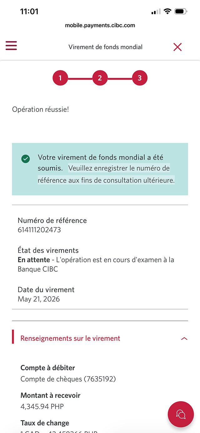 Écran 24 de la démonstration : Application Services bancaires mobiles CIBC, Virement de fonds mondial, étape 3, page de confirmation. Aucune animation dynamique.