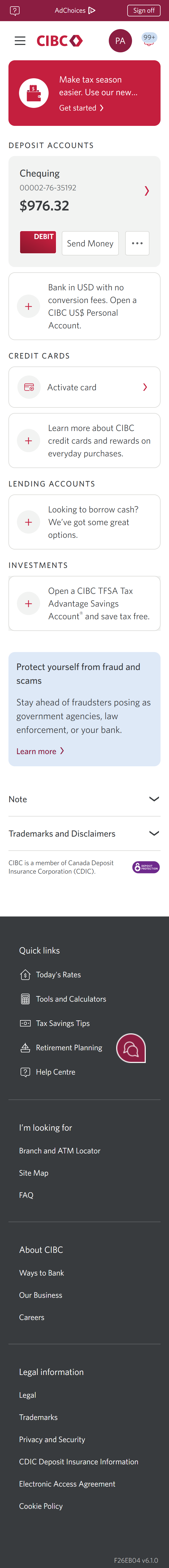 Demo screen 2: CIBC Online Banking homepage. A pulsing animation highlights the "More options" menu.