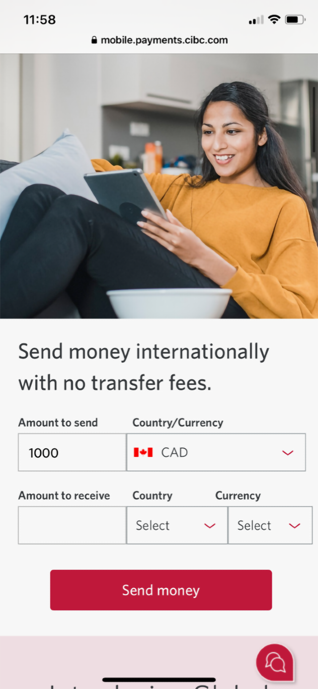 Demo screen 4: CIBC foreign exchange centre. A pulsing animation highlights the "Send money" button.
