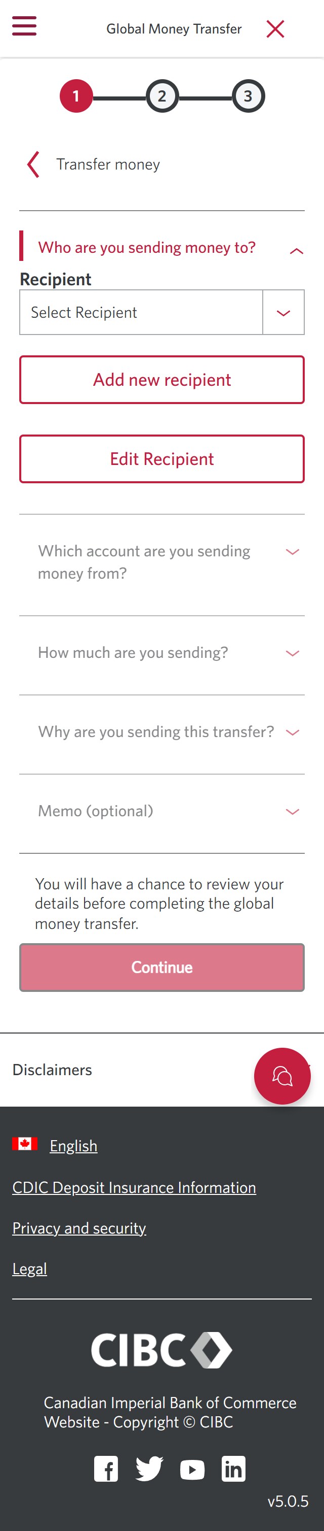 Demo screen 5: CIBC Global Money Transfer. A pulsing animation highlights the "Add new recipient" button.