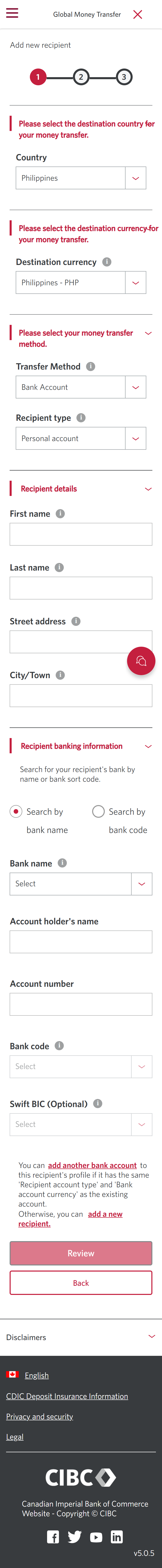 Demo screen 6: CIBC Global Money Transfer step 1. A pulsing animation highlights the "Country" combo box