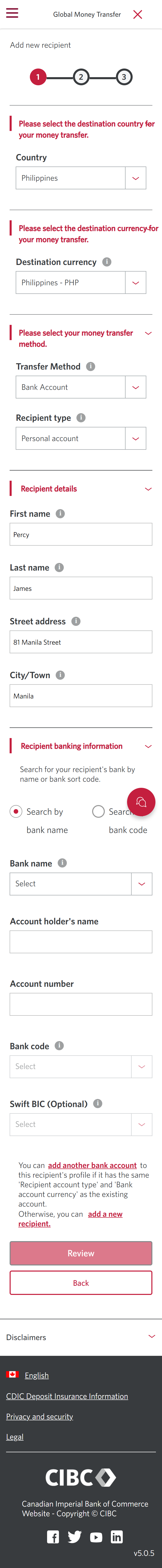 Demo screen 8: CIBC Global Money Transfer step 1. A pulsing animation highlights the "Transfer method" combo box.