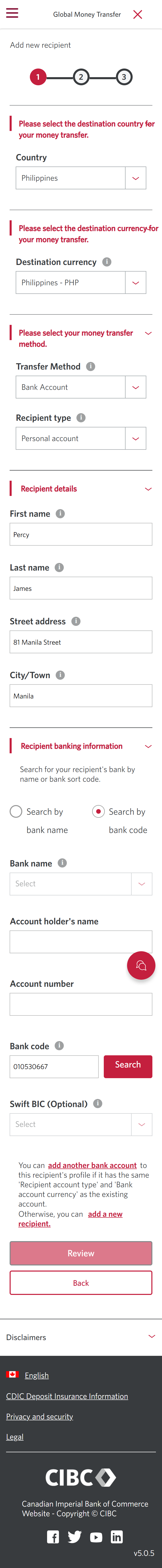 Demo screen 9: CIBC Global Money Transfer step 1. A pulsing animation highlights the "First name" field, under recipient details. 