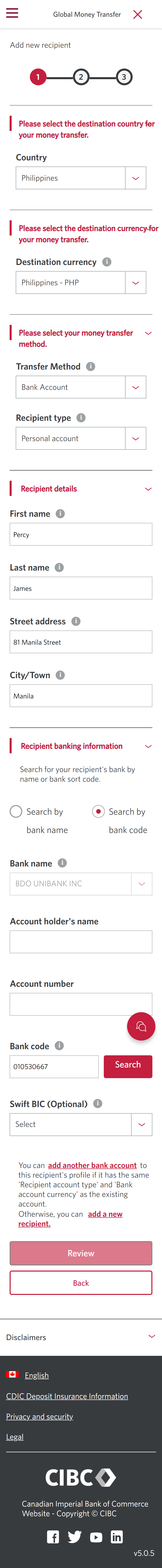 Demo screen 10: CIBC Global Money Transfer step 1. A pulsing animation highlights the "Search by bank code" radio button.
