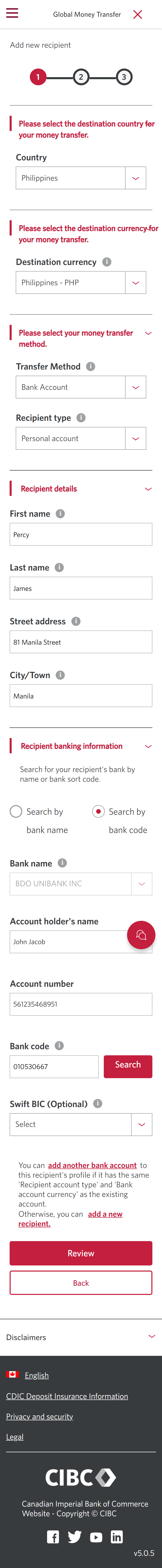 Demo screen 12: CIBC Global Money Transfer step 1. A pulsing animation highlights the "Review" button. 