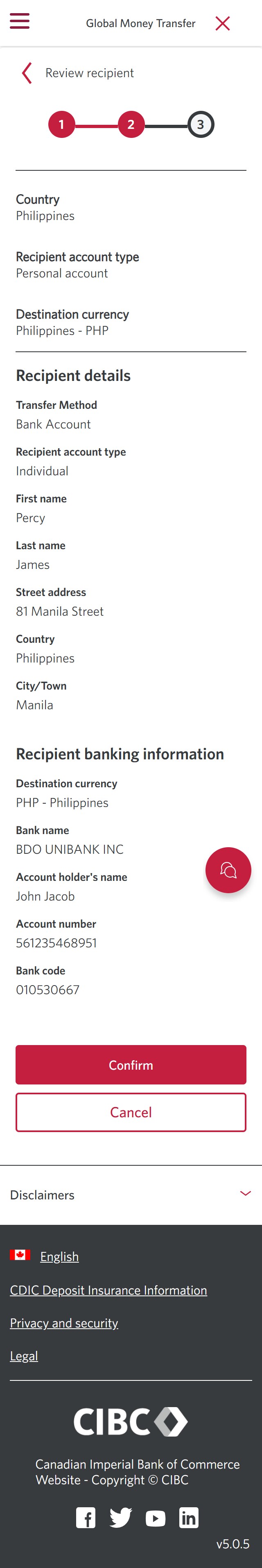 Demo screen 13: CIBC Global Money Transfer step 2. A pulsing animation highlights the "Confirm" button. 