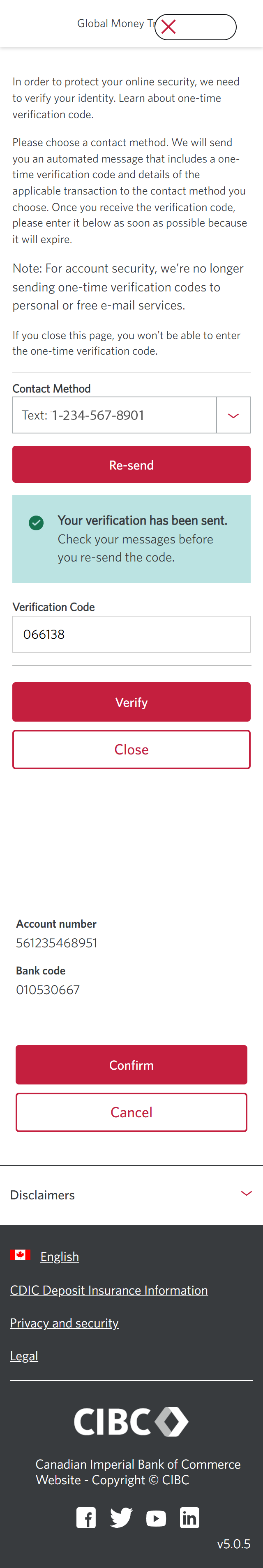 Demo screen 15: CIBC Global Money Transfer step 2. A pulsing animation highlights the "Verify" button. 