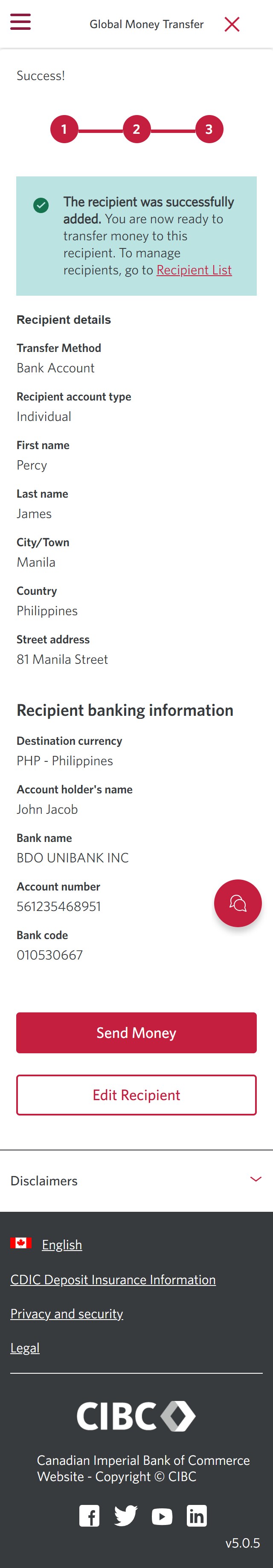 Demo screen 16: CIBC Global Money Transfer step 3. A pulsing animation highlights the "Send Money" button. 