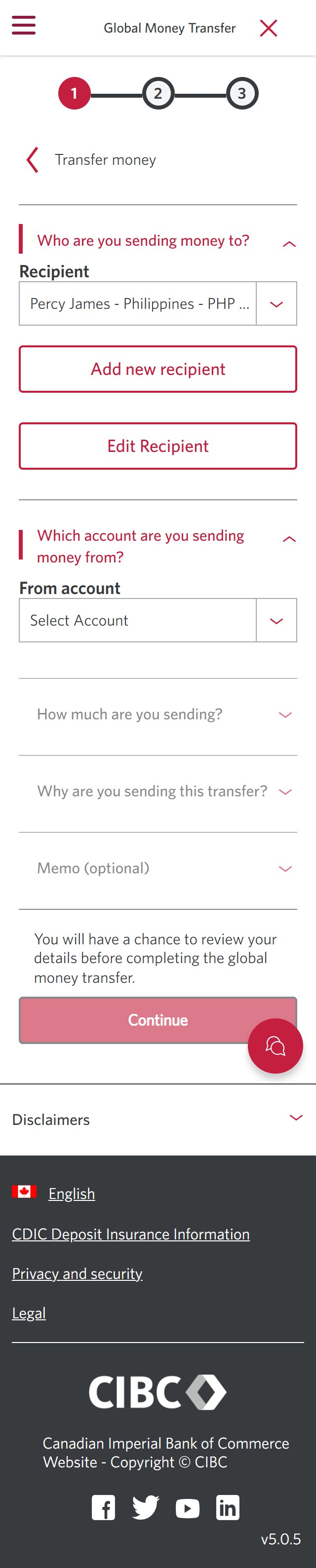 Demo screen 17: CIBC Global Money Transfer, transfer money step 1. A pulsing animation highlights the "Select Account" dropdown menu. 