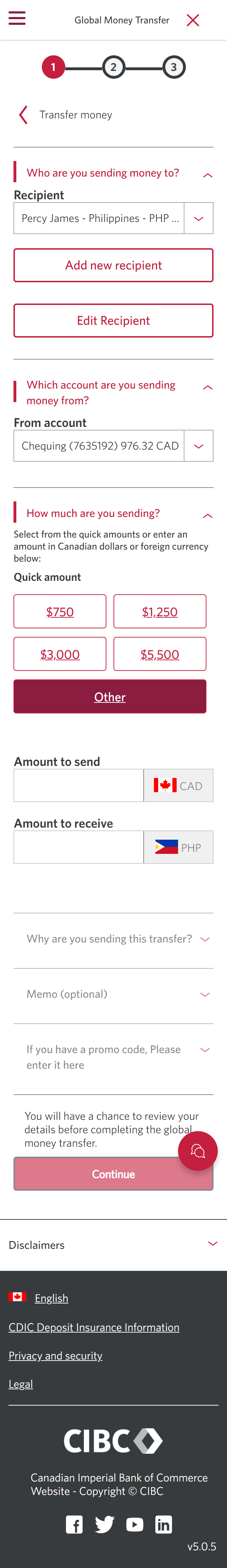 Demo screen 18: CIBC Global Money Transfer, transfer money step 1. A pulsing animation highlights the "Other" button. 