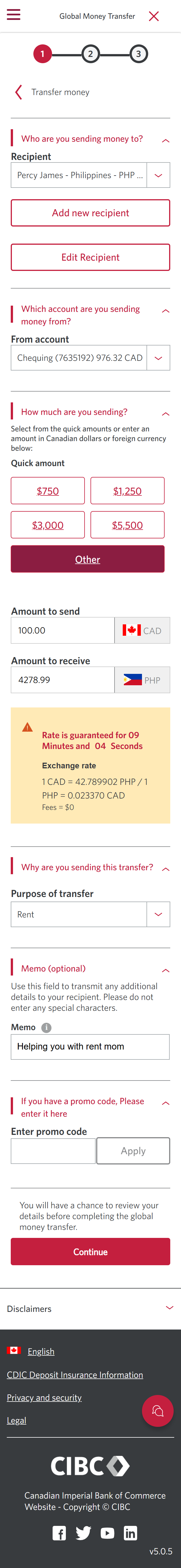 Demo screen 19: CIBC Global Money Transfer, transfer money step 1. A pulsing animation highlights the "Continue" button. 