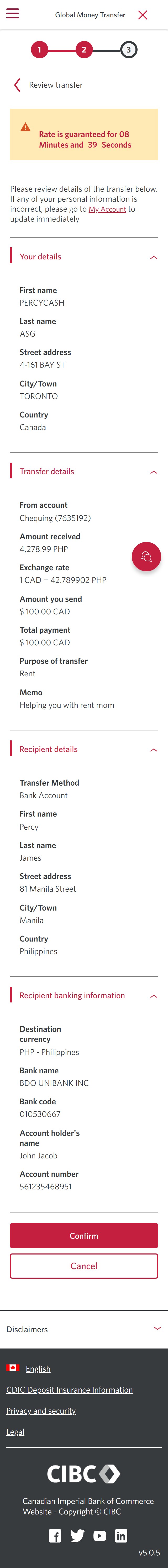 Demo screen 20: CIBC Global Money Transfer, transfer money step 2. A pulsing animation highlights the "Confirm" button. 