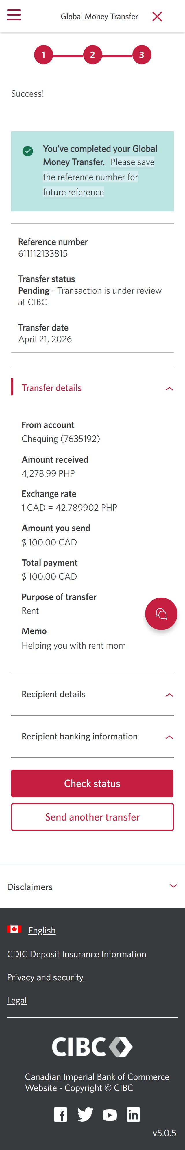 Demo screen 21: CIBC Global Money Transfer, transfer money step 3 confirmation page. No pulsing animation.