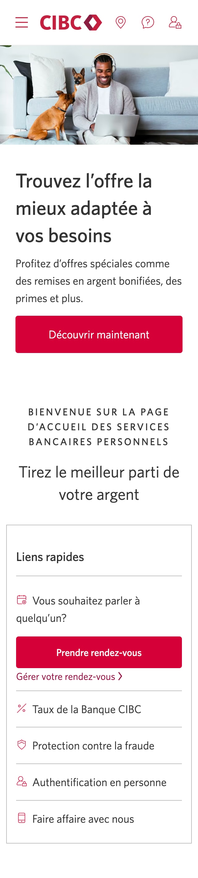 Écran 1 de la démonstration : Page d’ouverture de session de Services bancaires CIBC en direct. Une animation dynamique met en évidence le bouton d’ouverture de session.