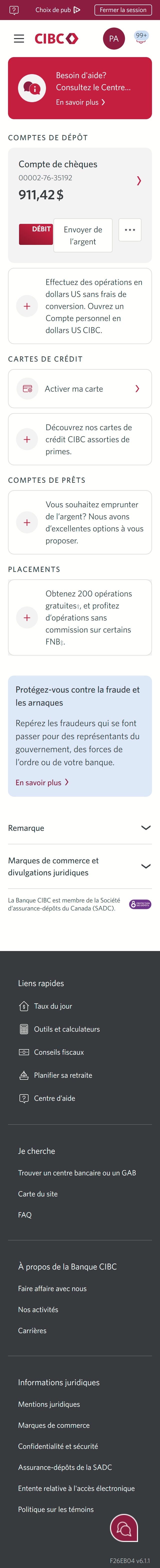 Écran 2 de la démonstration : Page d’accueil de Services bancaires CIBC en direct. Une animation dynamique met en évidence le menu Plus d’options.