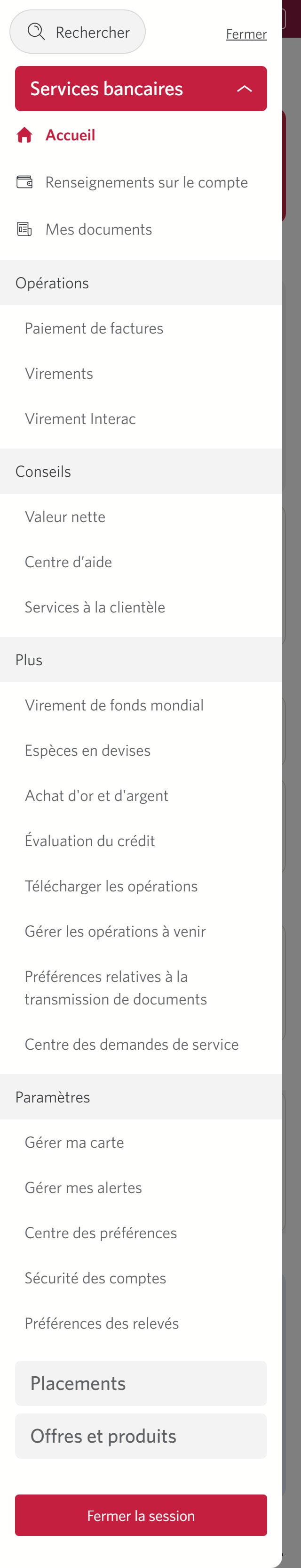 Écran 3 de la démonstration : Barre latérale de navigation de Services bancaires CIBC en direct. Une animation dynamique met en évidence le lien Virement de fonds mondial.